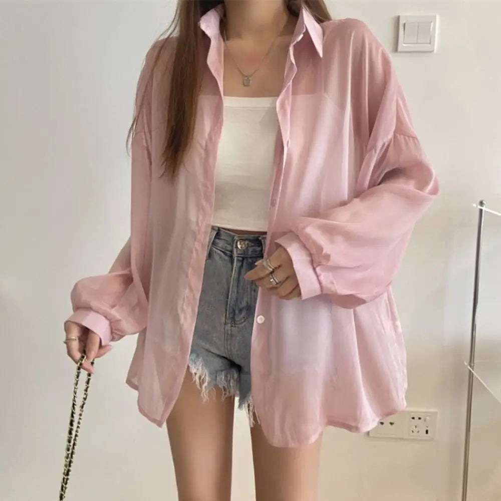 Casual Sun Protection Women Shirt Blouse Solid Color Long Sleeve Top Summer Outerwear Thin Female Chiffon Loose Cardigan