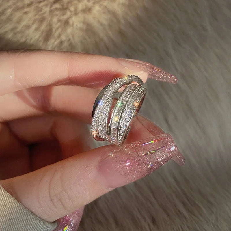 2024 Silver Color Rhinestone Ring Multi-layer Winding Rings for Women Wedding Full Zircon Finger Rings Fashion Jewelry Gifts