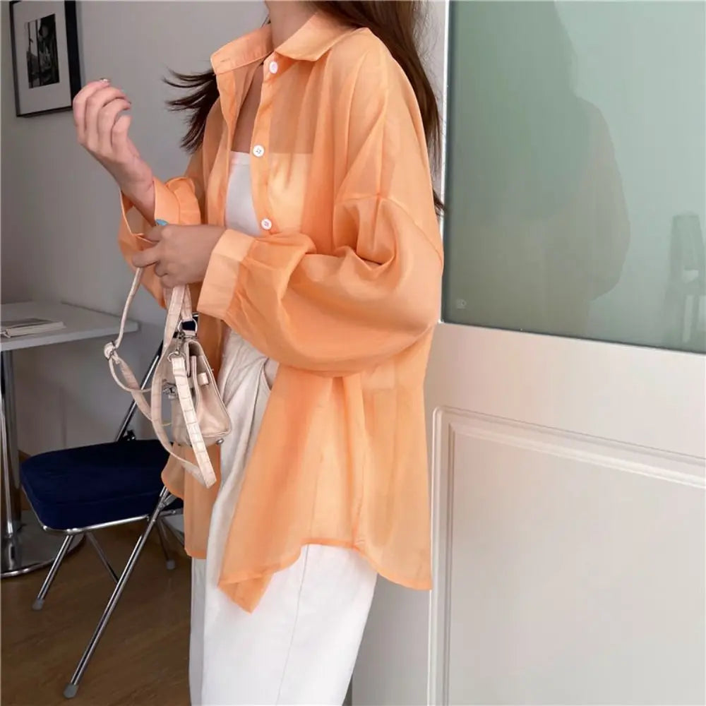 Casual Sun Protection Women Shirt Blouse Solid Color Long Sleeve Top Summer Outerwear Thin Female Chiffon Loose Cardigan