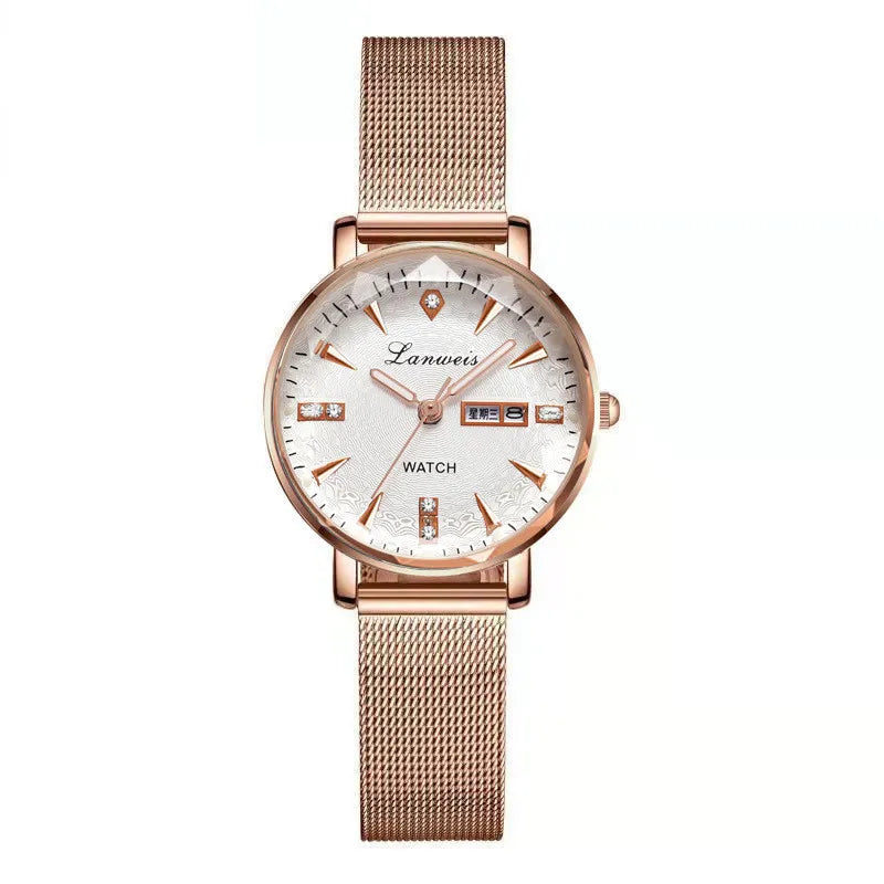 Women's Rose Gold Mesh Band Watch with Calendar