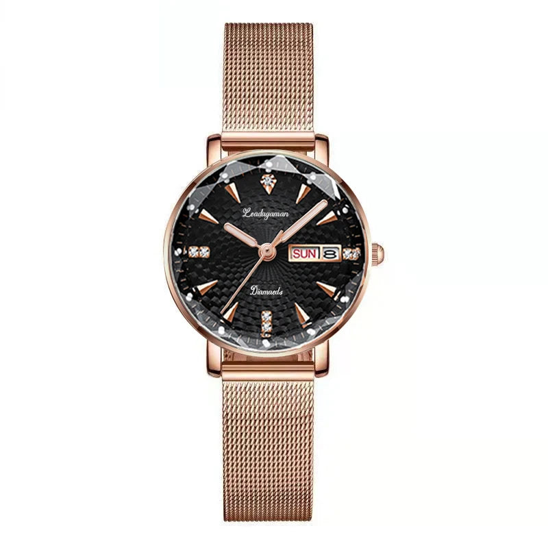 Women's Rose Gold Mesh Band Watch with Calendar