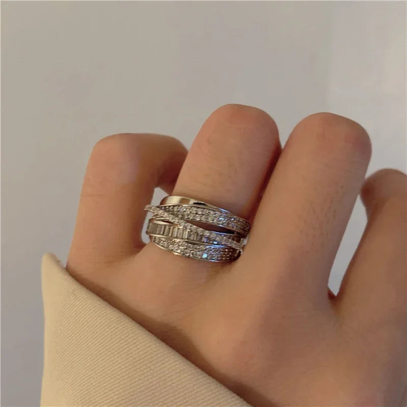 2024 Silver Color Rhinestone Ring Multi-layer Winding Rings for Women Wedding Full Zircon Finger Rings Fashion Jewelry Gifts