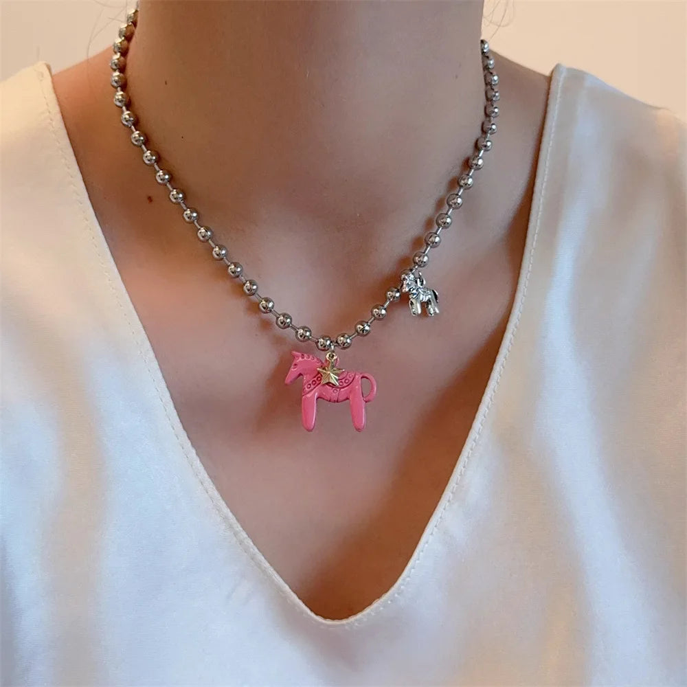 LATS White Black Green Blue Pink Color Enamel Colt Horse Pendant Necklaces for Women Silver Plated Alloy Beads Chain Chokers