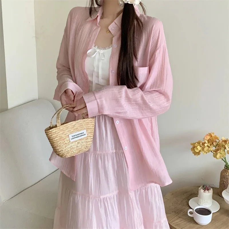 Women's Summer Sun Protection Shirts Casual Loose with Pocket Chiffon Blouses Female Korean Chic Thin Breathable Slimming Shirt