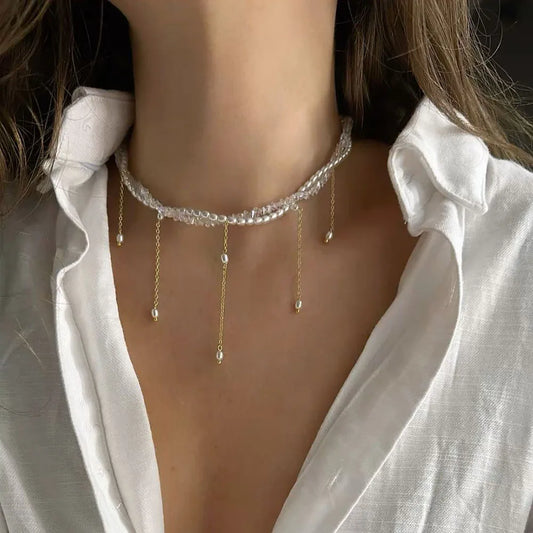 Boho Tassel & Pearl Crystal Chain Necklace