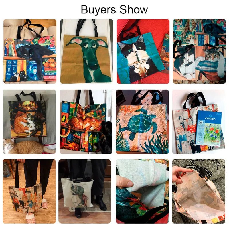 Floral Cat Pattern Tote Bag, Aesthetic Canvas School Shoulder Bag, Lightweight Grocery Shopping Bag