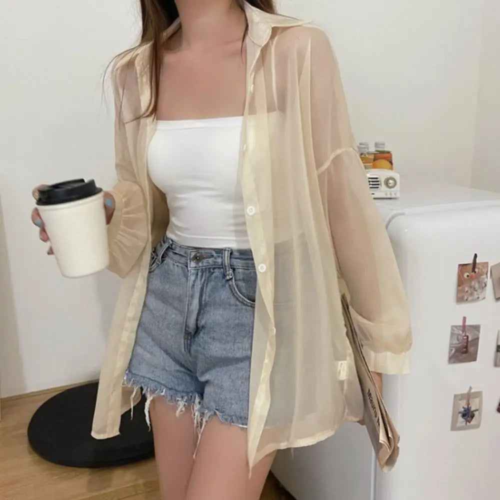 Casual Sun Protection Women Shirt Blouse Solid Color Long Sleeve Top Summer Outerwear Thin Female Chiffon Loose Cardigan