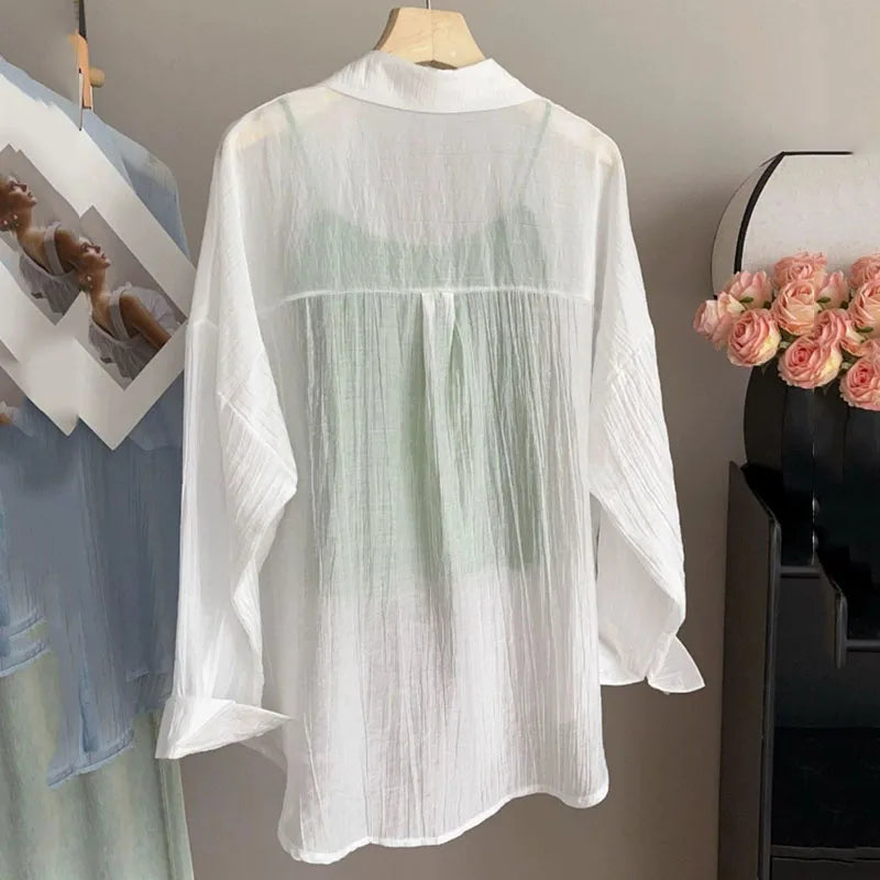 Women's Summer Sun Protection Shirts Casual Loose with Pocket Chiffon Blouses Female Korean Chic Thin Breathable Slimming Shirt