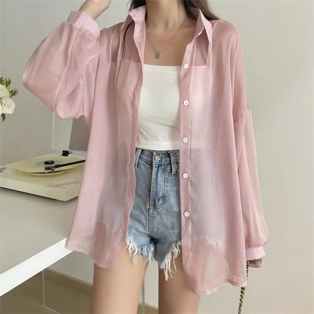 Casual Sun Protection Women Shirt Blouse Solid Color Long Sleeve Top Summer Outerwear Thin Female Chiffon Loose Cardigan
