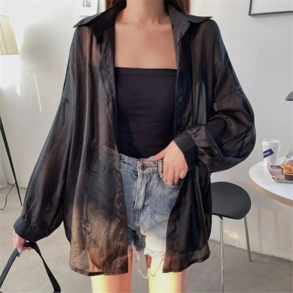 Casual Sun Protection Women Shirt Blouse Solid Color Long Sleeve Top Summer Outerwear Thin Female Chiffon Loose Cardigan