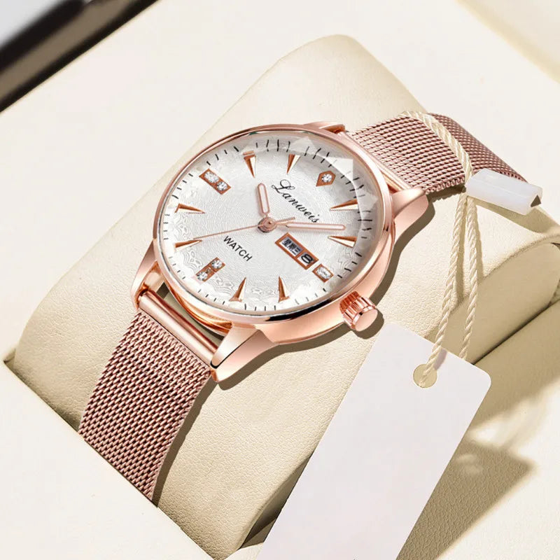 Women's Rose Gold Mesh Band Watch with Calendar