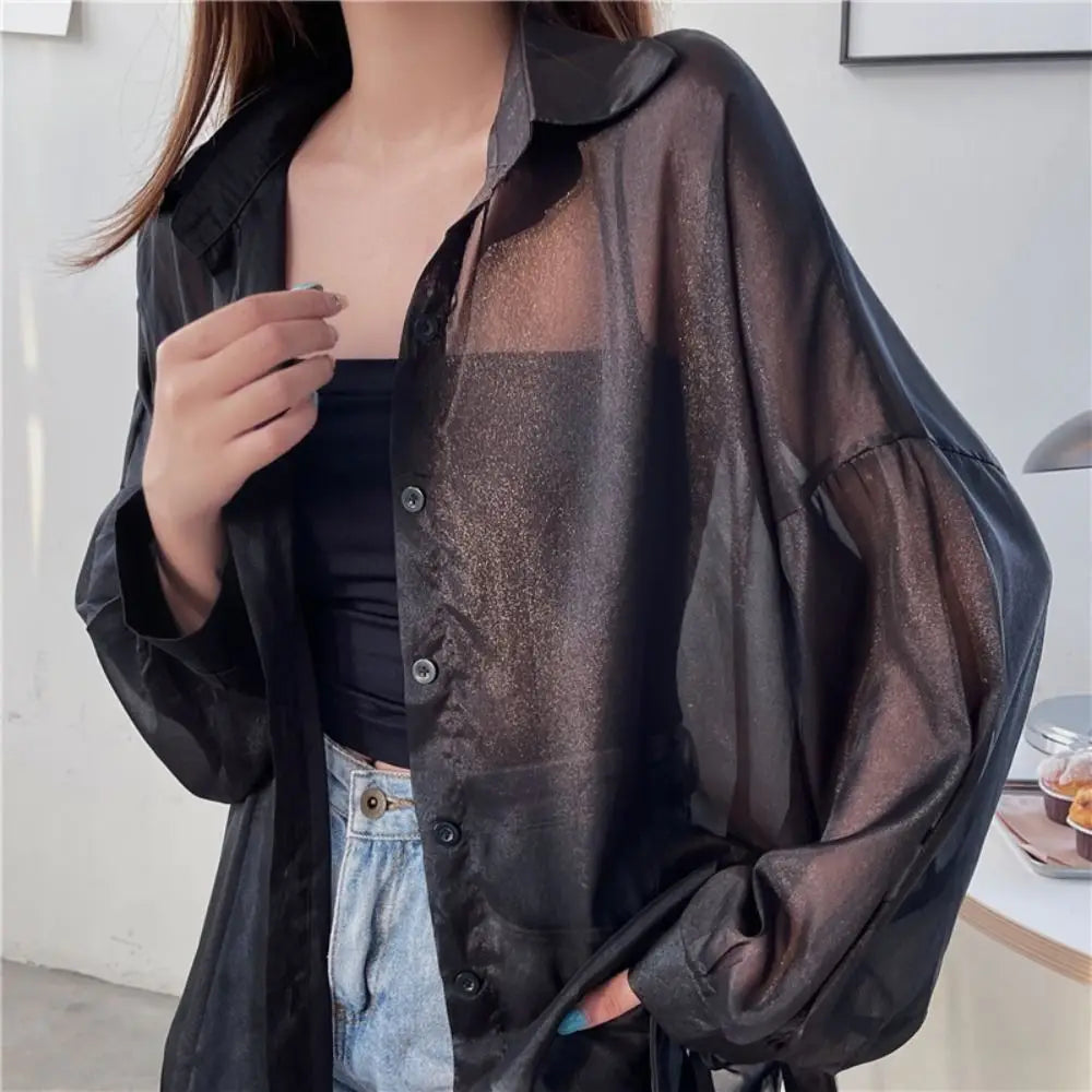 Casual Sun Protection Women Shirt Blouse Solid Color Long Sleeve Top Summer Outerwear Thin Female Chiffon Loose Cardigan
