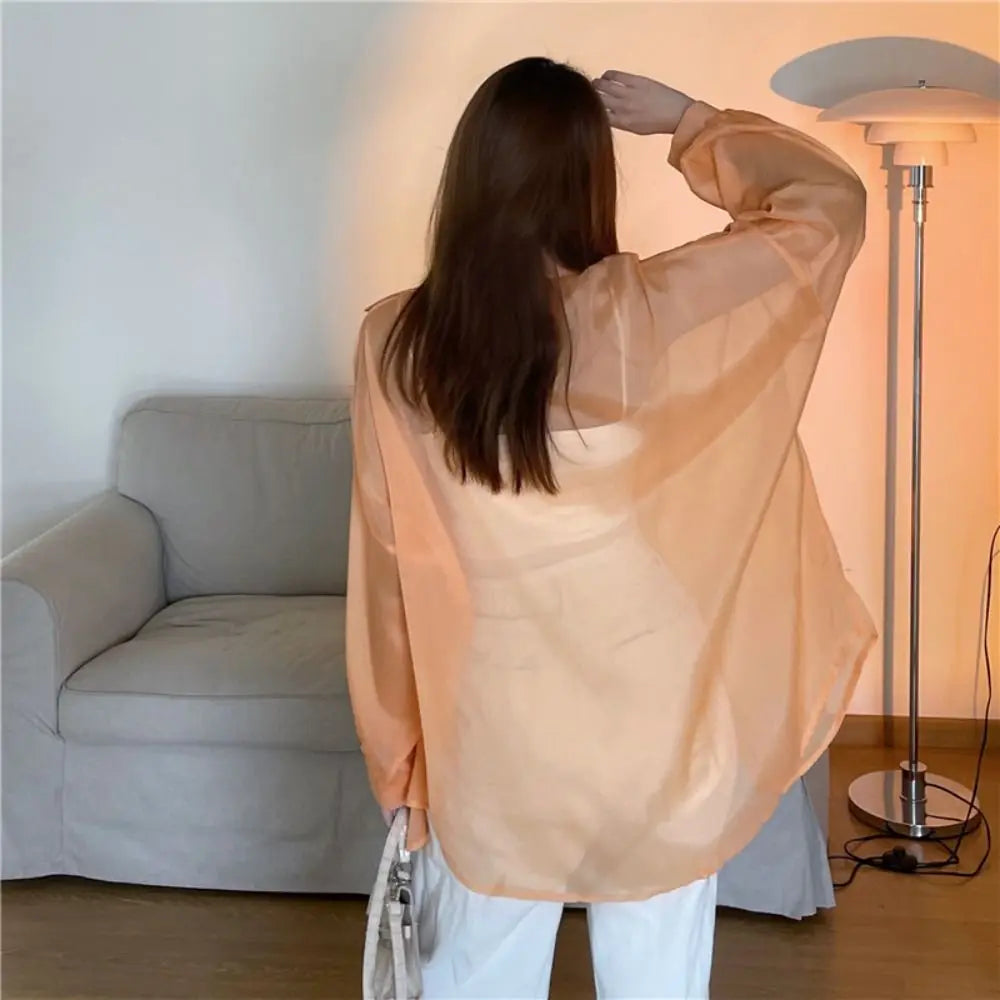 Casual Sun Protection Women Shirt Blouse Solid Color Long Sleeve Top Summer Outerwear Thin Female Chiffon Loose Cardigan