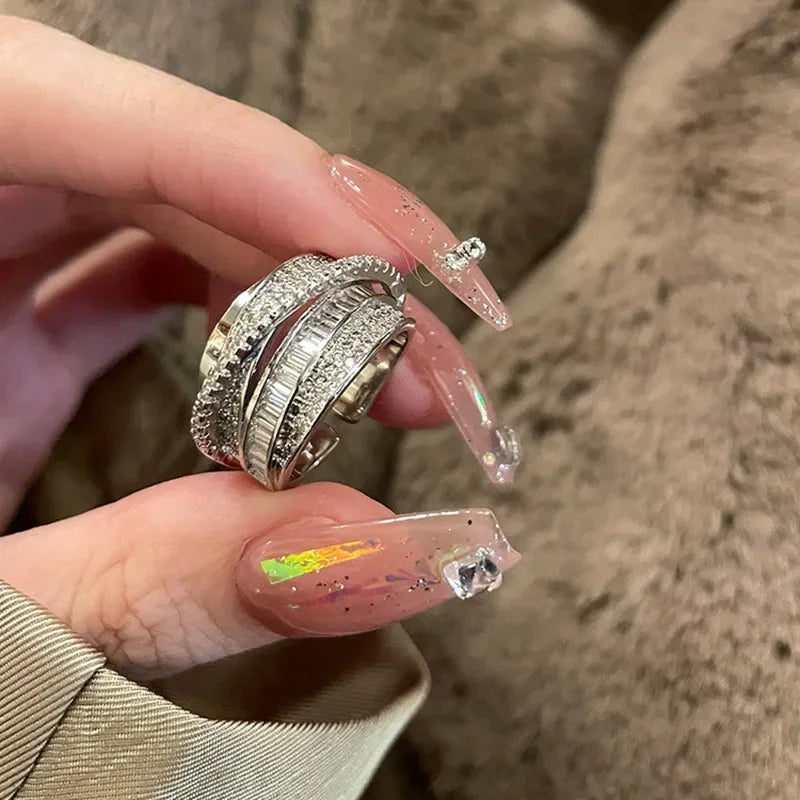 2024 Silver Color Rhinestone Ring Multi-layer Winding Rings for Women Wedding Full Zircon Finger Rings Fashion Jewelry Gifts