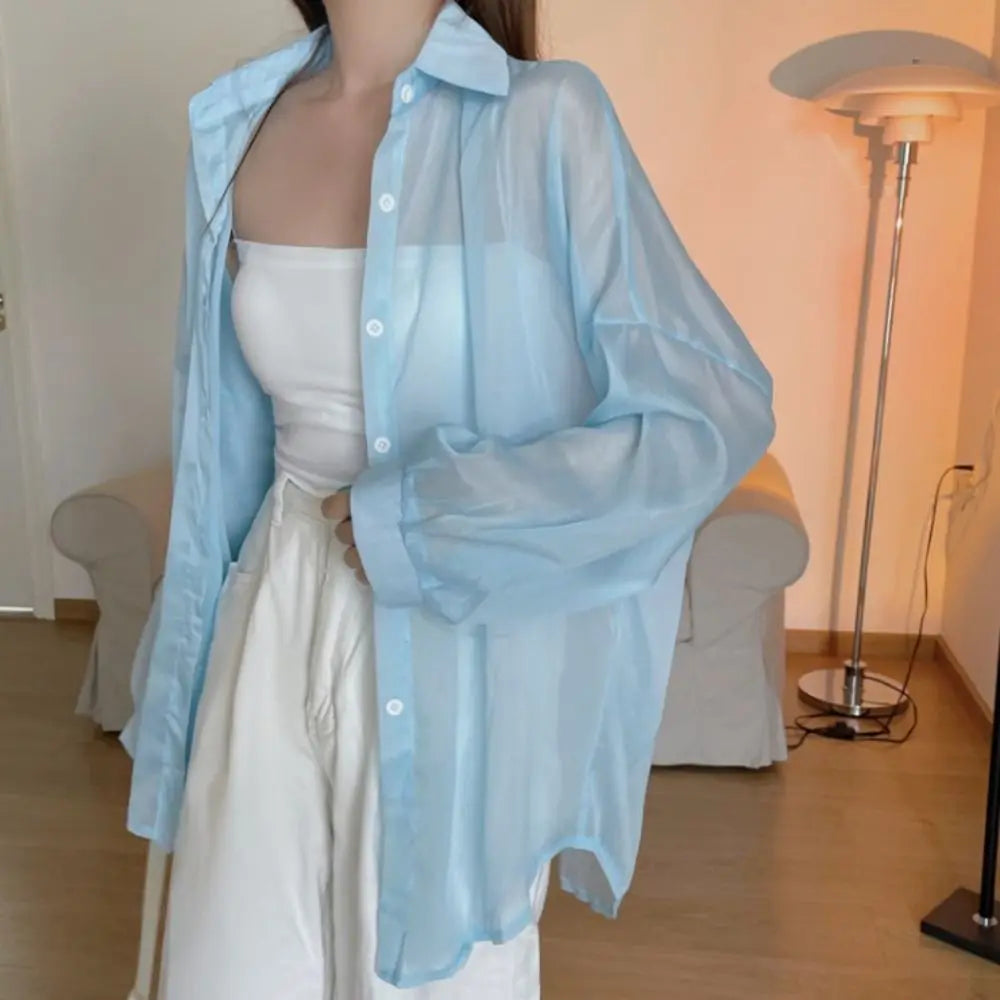 Casual Sun Protection Women Shirt Blouse Solid Color Long Sleeve Top Summer Outerwear Thin Female Chiffon Loose Cardigan