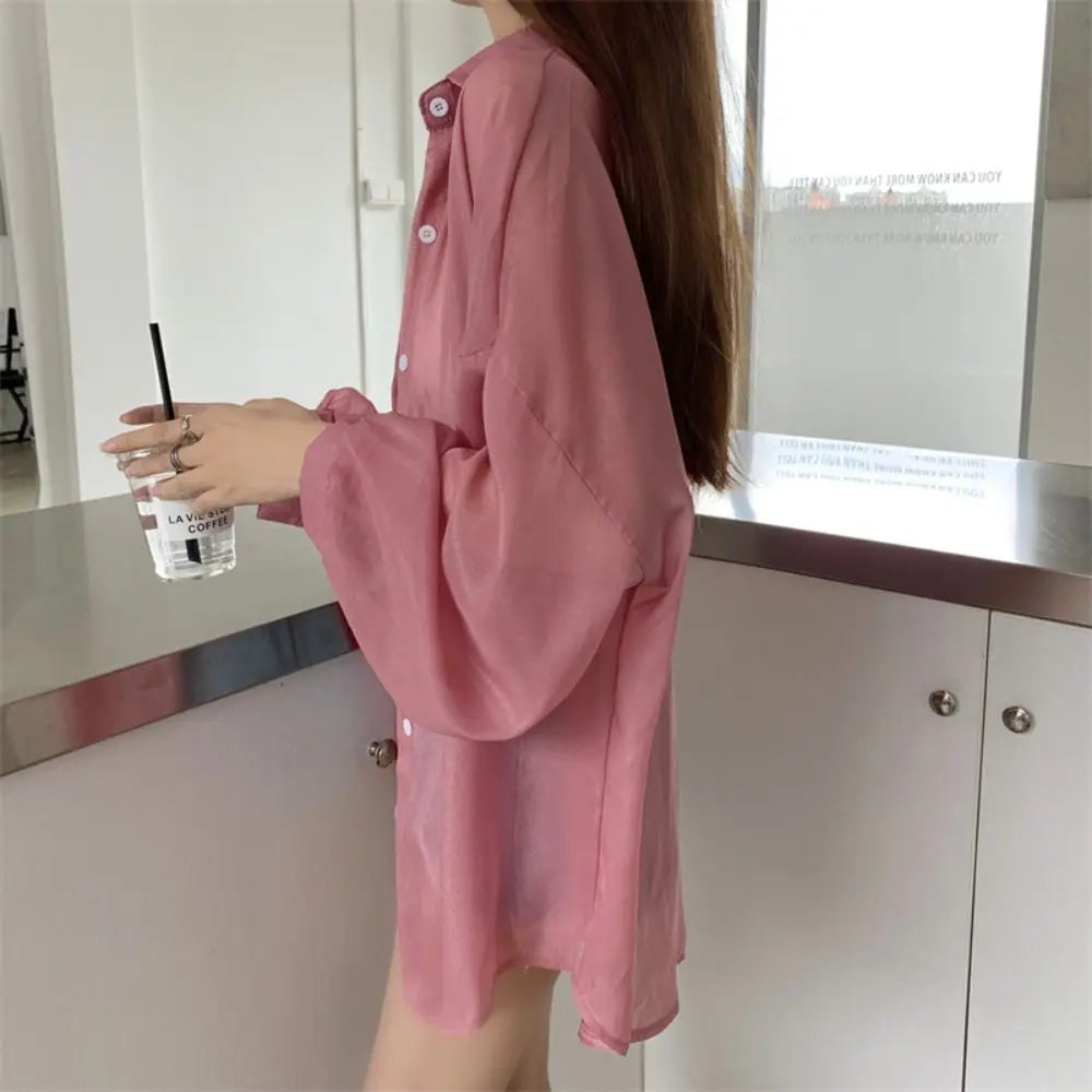 Casual Sun Protection Women Shirt Blouse Solid Color Long Sleeve Top Summer Outerwear Thin Female Chiffon Loose Cardigan