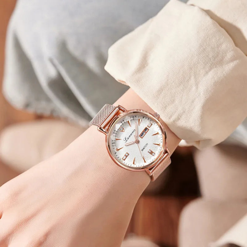 Women's Rose Gold Mesh Band Watch with Calendar