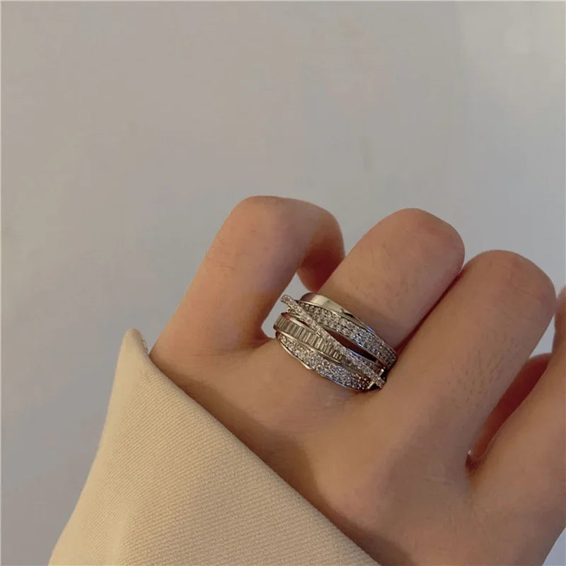 2024 Silver Color Rhinestone Ring Multi-layer Winding Rings for Women Wedding Full Zircon Finger Rings Fashion Jewelry Gifts