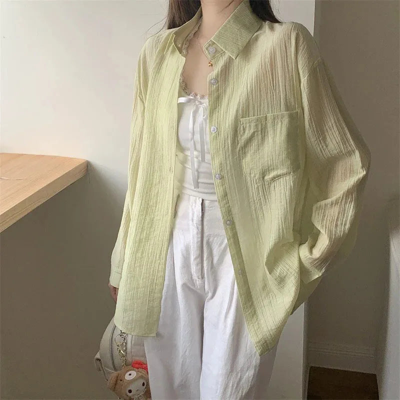 Women's Summer Sun Protection Shirts Casual Loose with Pocket Chiffon Blouses Female Korean Chic Thin Breathable Slimming Shirt