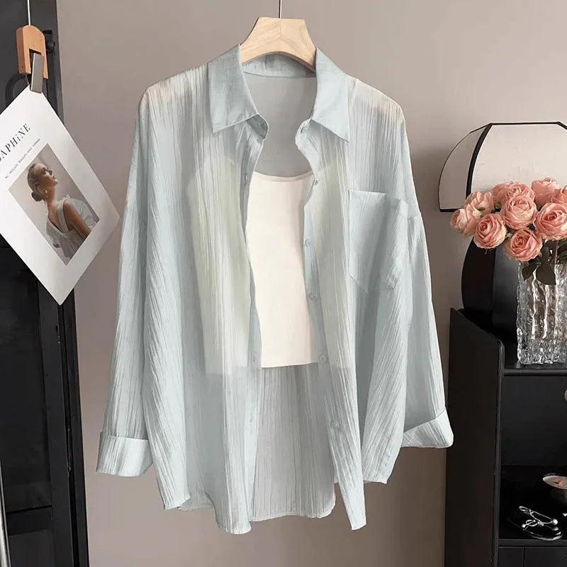 Women's Summer Sun Protection Shirts Casual Loose with Pocket Chiffon Blouses Female Korean Chic Thin Breathable Slimming Shirt