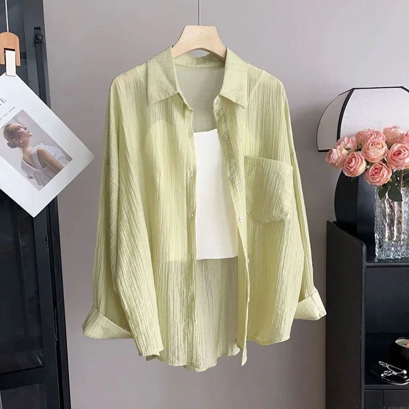 Women's Summer Sun Protection Shirts Casual Loose with Pocket Chiffon Blouses Female Korean Chic Thin Breathable Slimming Shirt